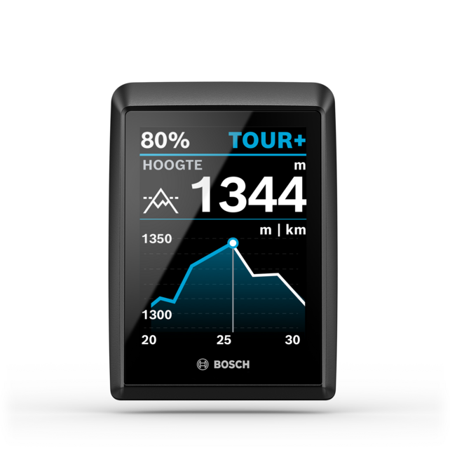 Kiox 500 afgebeeld, losgesneden van Bosch eBike Systems. Op de display zie je het hoogtemetergrafiek scherm.