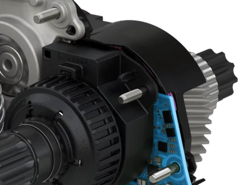 Un gros plan d’une partie de la Drive Unit Performance Line CX, sans son carter extérieur, sur un fond blanc épuré.
