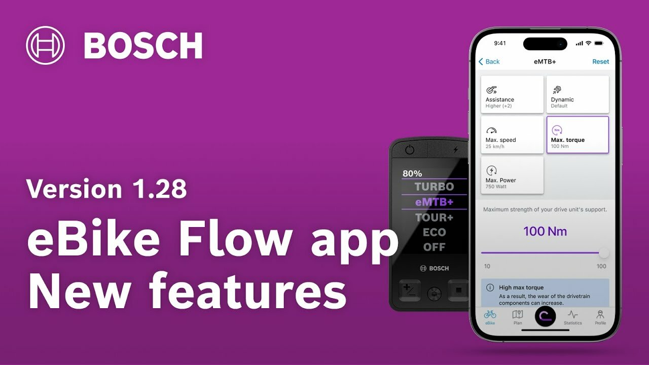 Purple rectangle: on the left, in white letters, it says 'Version 1.28', and just below, in slightly larger text, 'eBike Flow app New Features'. At the top left, the Bosch logo and "BOSCH" appear in white. On the right, a smartphone and a Kiox 400C are displayed. The display of the smartphone shows the eMTB+ page open in the eBike Flow app; the Kiox 400C displays the riding modes, with eMTB+ mode selected.