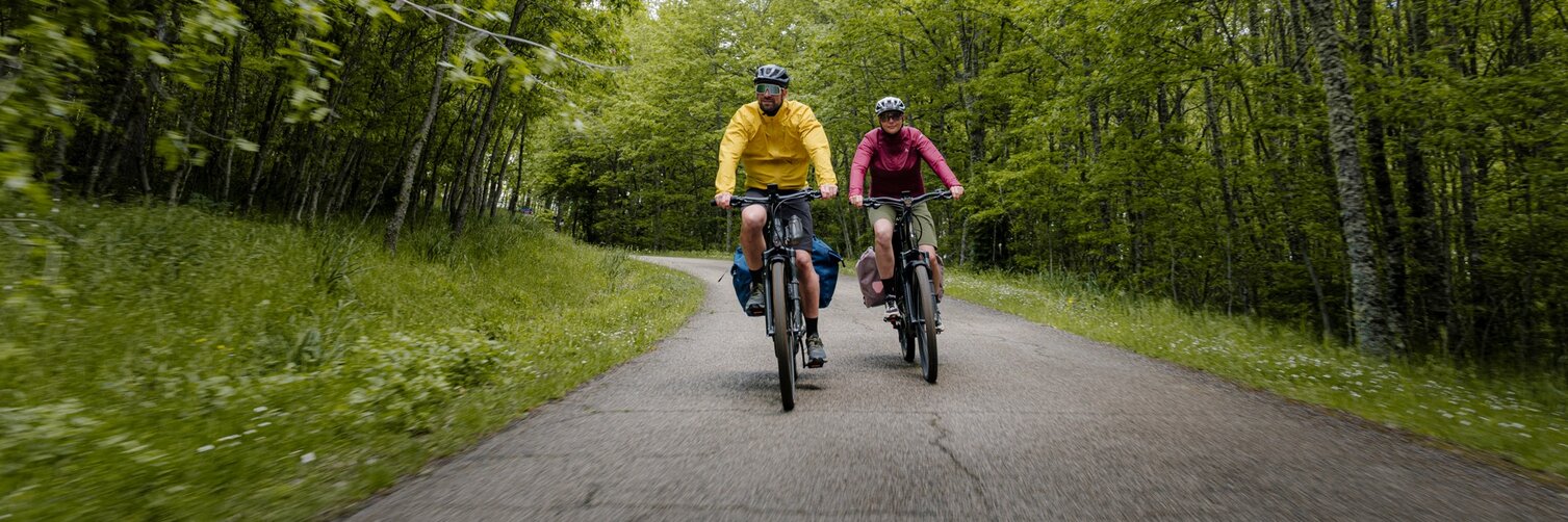 Ein Mann in einer gelben und eine Frau in einer roten Jacke fahren auf einer Straße mit ihren bepackten Trekking eBikes durch einen üppigen Laubwald.