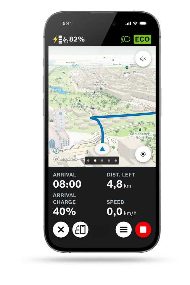 eBike Flow App: Screenshot of the navigation map with 3D view.