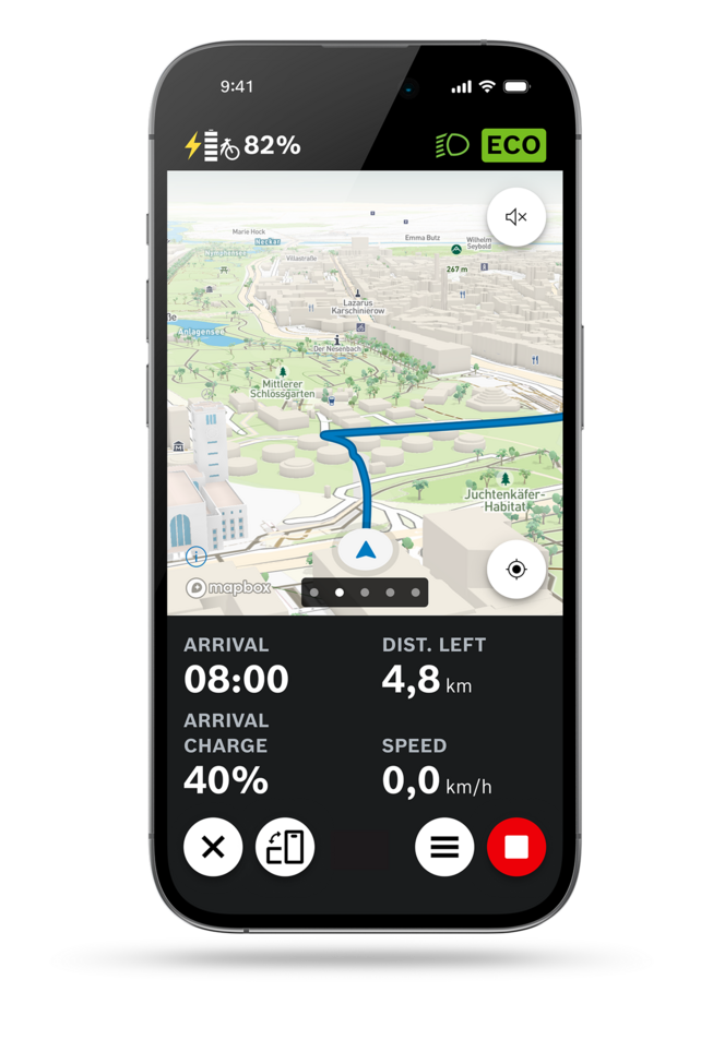 eBike Flow App: Screenshot of the navigation map with 3D view.
