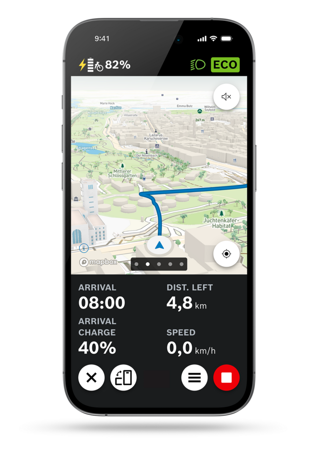 eBike Flow App: Screenshot of the navigation map with 3D view.