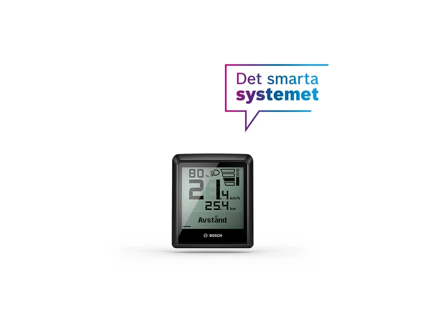Intuvia 100-displayet är framställt med en eBike Flow-appikon och "Det smarta systemet" i en pratbubbla på en vit bakgrund.