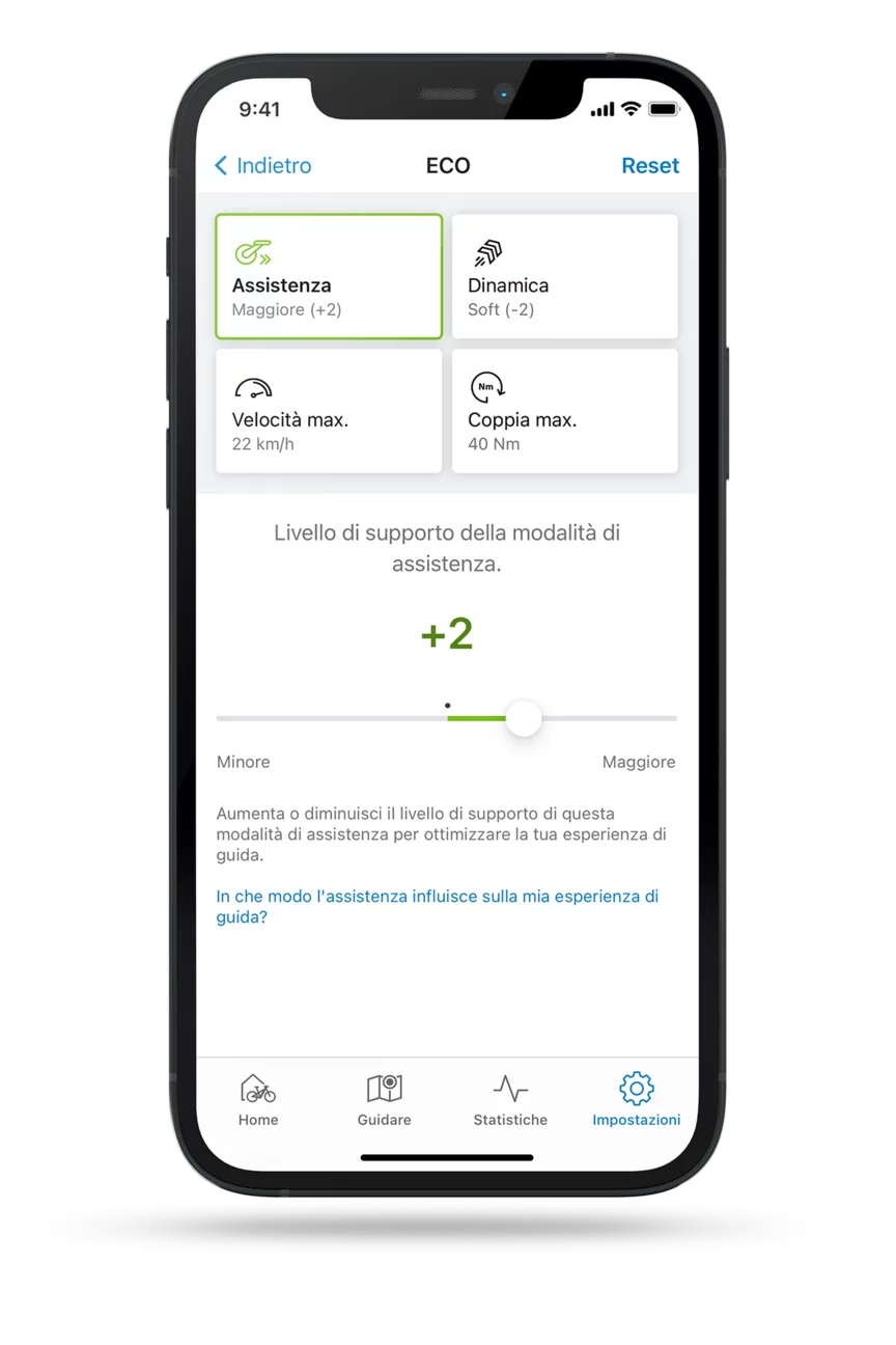 Schermata isolata eBike Flow App con l’impostazione aperta per la funzione supporto in modalità ECO.