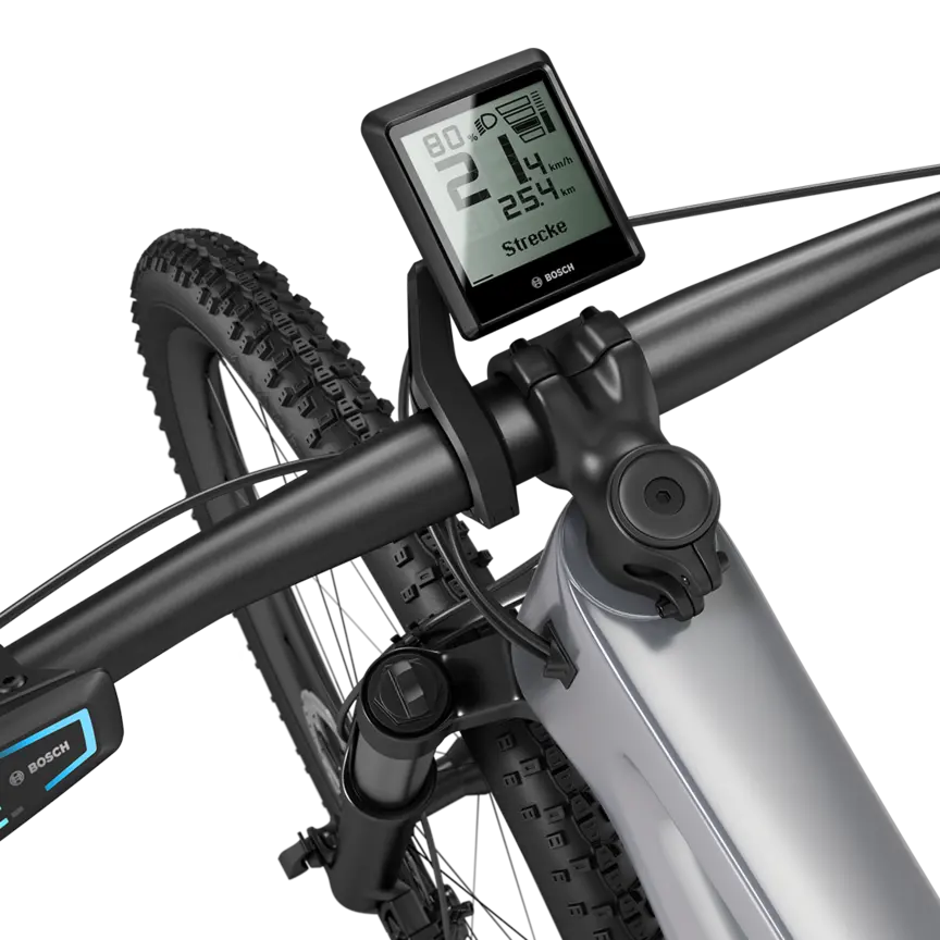 Zoom auf den Lenker, eines freigeschnittenenen eBike Modells.  An dem Lenker kamm man eine LED Remote und ein Intuvia 100  von Bosch erkennen. 