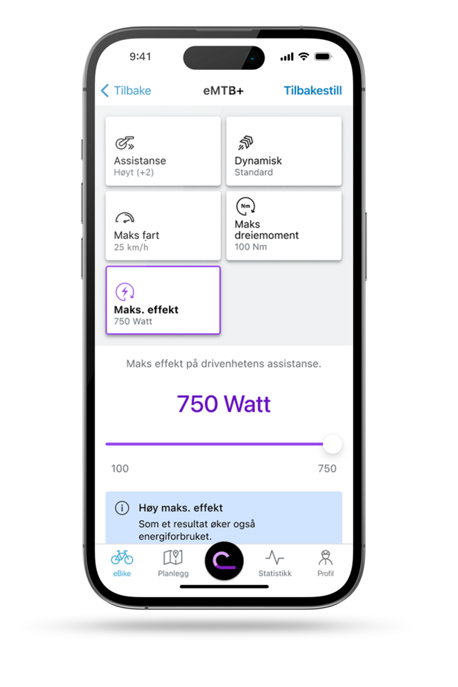 eBike flyt app skjermbilde med indikator for ytelsesinnstilling.