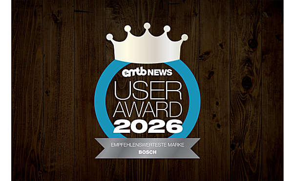 The 'emtb NEWS User Award 2026' seal, awarded to Bosch in the "Most Recommended Brand" category.