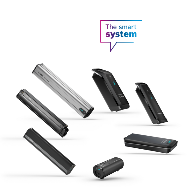 Several different batteries and PowerPacks arranged in a circle on a light grey background with a speech bubble 'The smart system'.