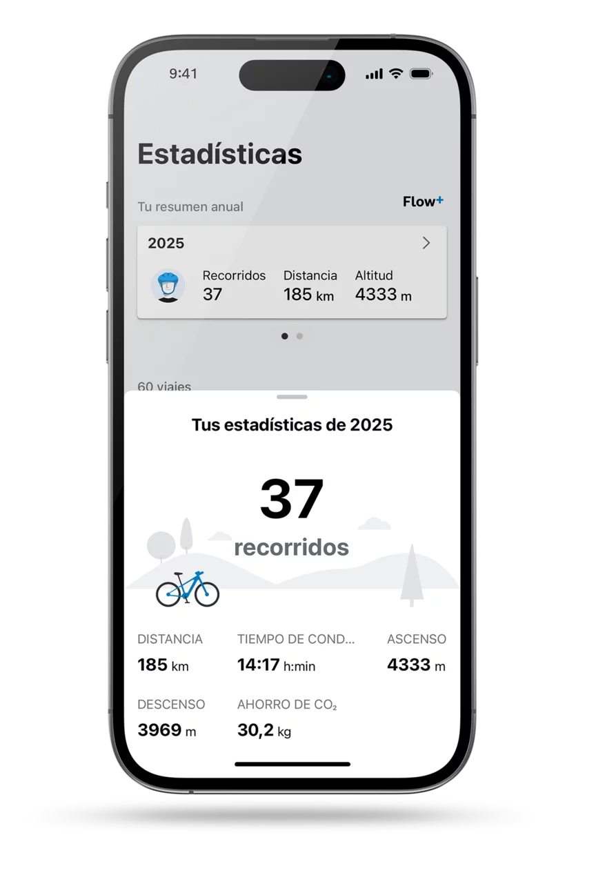 pantalla de la aplicación eBike Flow: indicación del kilometraje anual para 2025 en la página de estadísticas.
