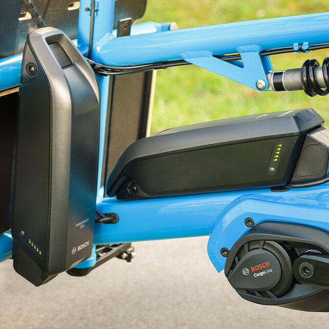 Primer plano de la batería dual en un eCargo bike azul.