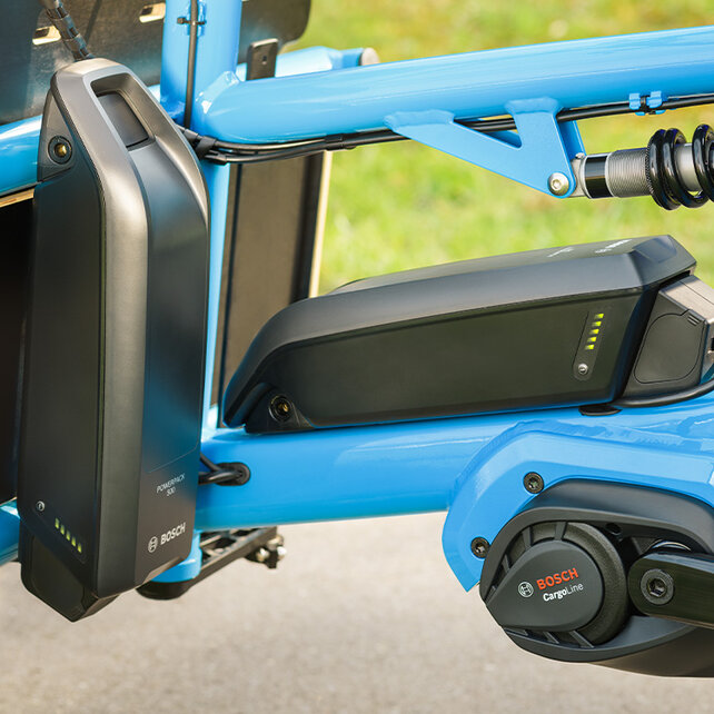 Close-up van de dubbele batterij op een blauwe eCargo fiets.