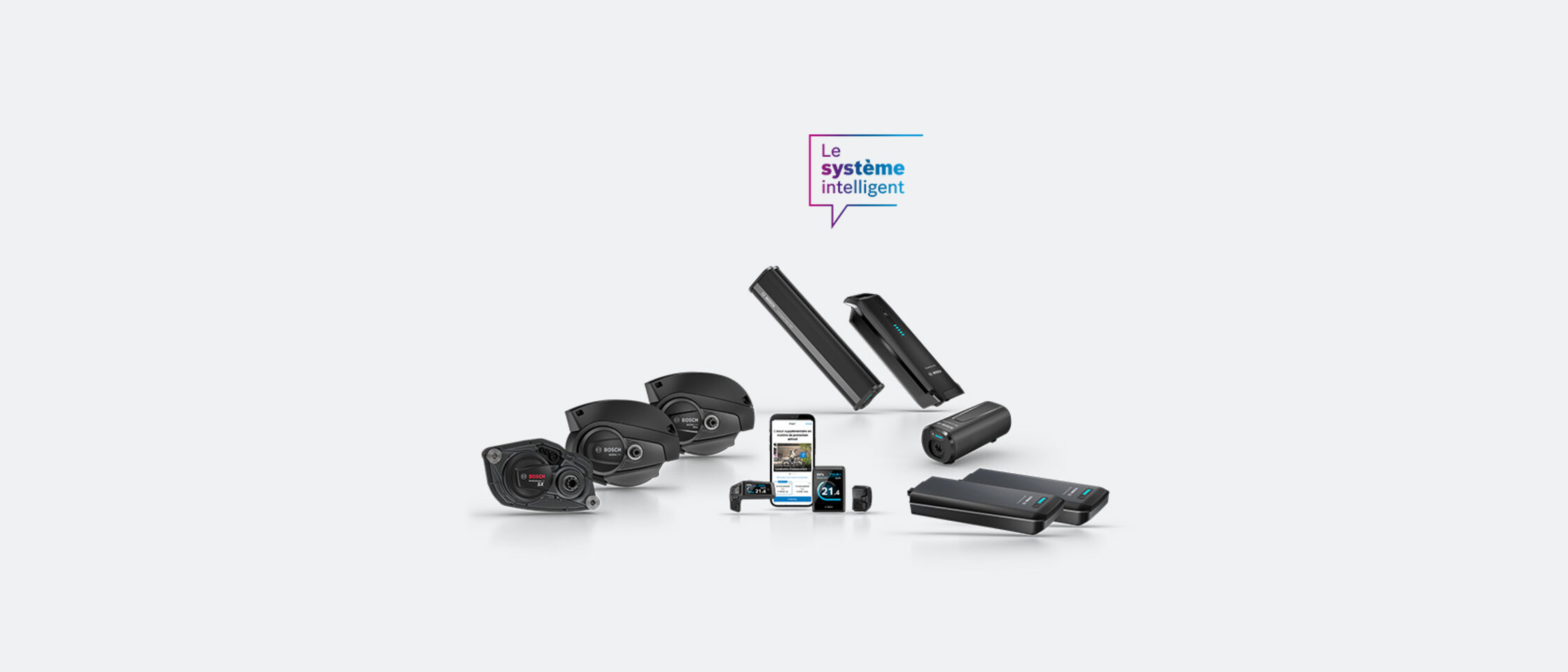 Les nouveaux modèles de produits eBike du modèle 2024 (Drive Units, Remotes, Displays et Akkus) avec le texte "Das smarte System" au-dessus, freigestellt et sur fond gris clair.