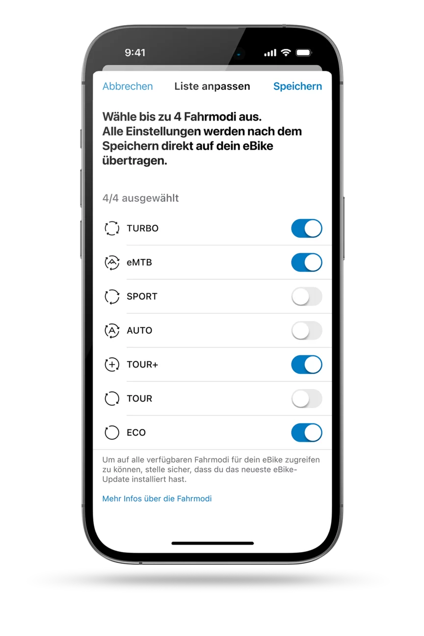 Freigestellte Darstellung eines Smartphones, welche die Modiauswahl in der eBike Flow App darstellt.