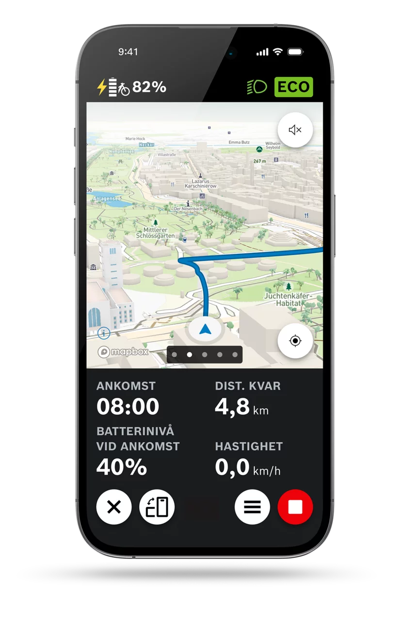 eBike Flow-app: skärm av kartvyn navigering med 3D-kartvy.