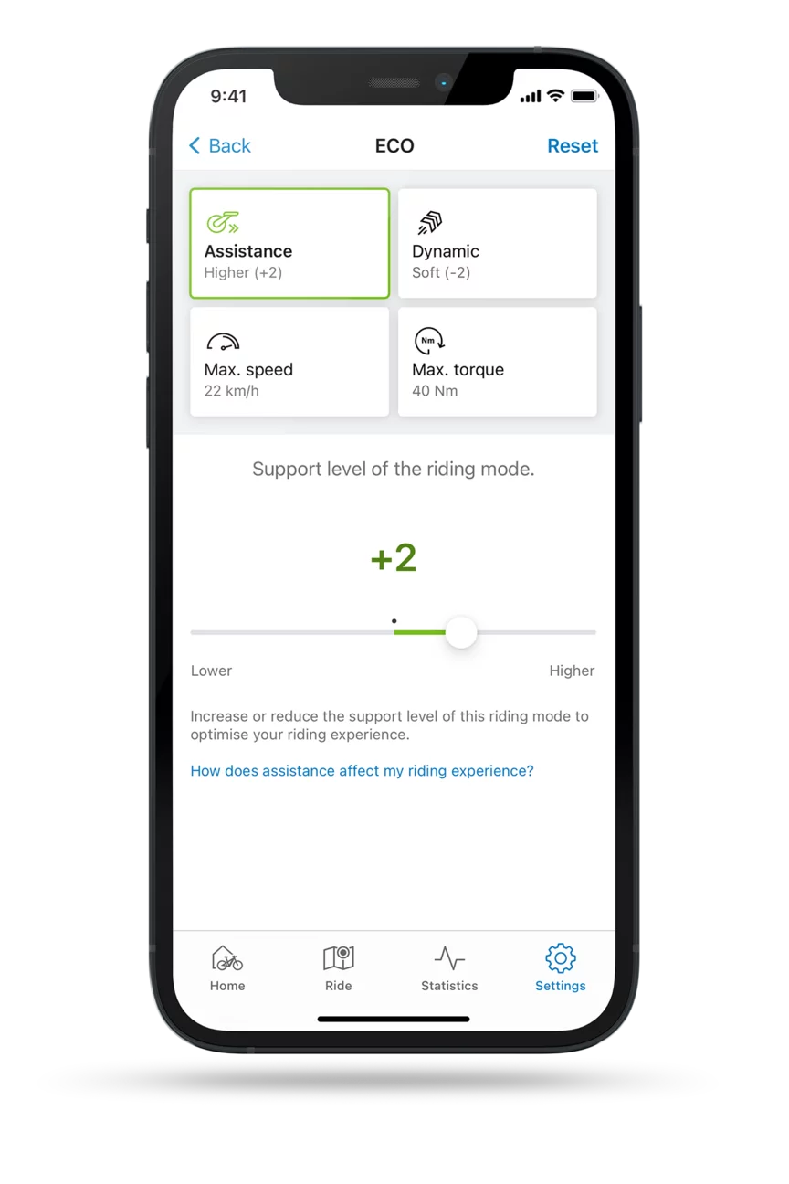 Cropped screenshot of the eBike Flow app with the support function setting open in ECO mode.