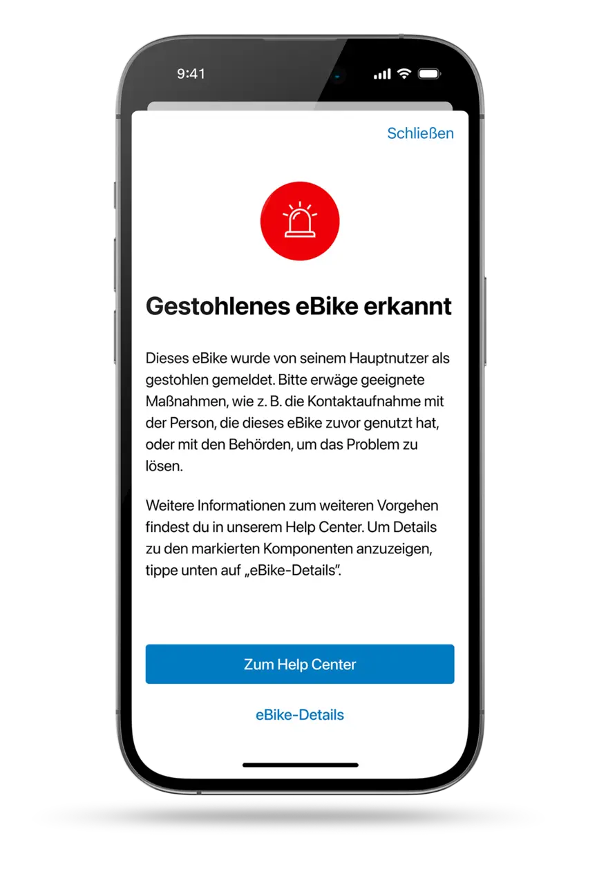 Warnmeldung zu gestohlenen eBike und weitern Vorgehen.