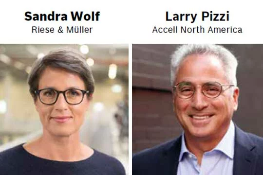 Two portraits side by side with their respective names and positions: 'Larry Pizzi Accel North America' on the left and 'Sandra Wolf Riese & Müller' on the right.