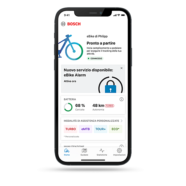 Scatto della scheda home dell'app eBike Flow che mostra il nuovo servizio eBike Alarm che fornisce una funzione aggiuntiva per utenti eBike.