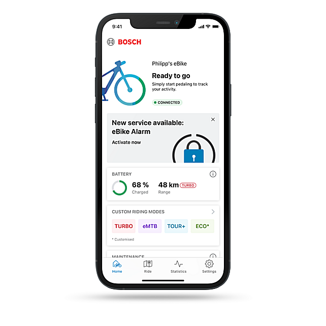 Screenshot of the eBike Flow app's home tab, showing the new eBike Alarm service, which adds an additional security feature for eBike users.