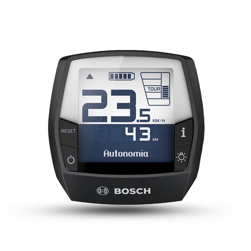 Intuvia wyświetlacz system Bosch eBike 2 na białym tle. Wyświetlacz pokazuje prędkość w km/h oraz zasięg w km. Dodatkowo wyświetlacz pokazuje poziom naładowania baterii i tryb jazdy.