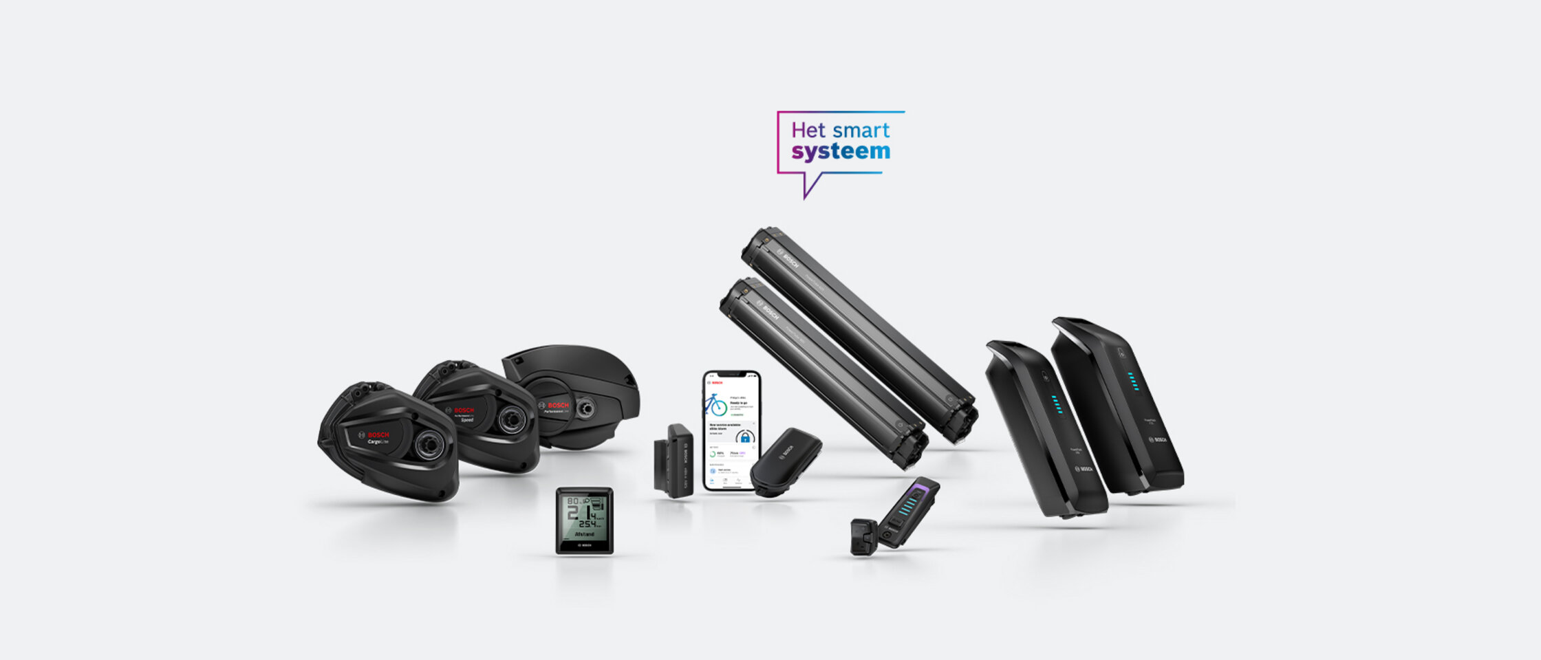 Aandrijfeenheden, Cargo Line, Performance Line en Performance Line Speed, de accu's PowerTube 500 en 625, de PowerPacks 545 en 725, eBike ABS, eBike Alarm, het display Intuvia 100, de System Controller en de Mini Remote, evenals een smartphone met de geopende eBike Flow App, zijn afgebeeld.