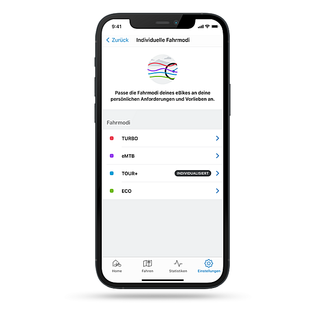 Freigestellter Screenshot der eBike Flow App mit geöffneter Modi Auswahl. 