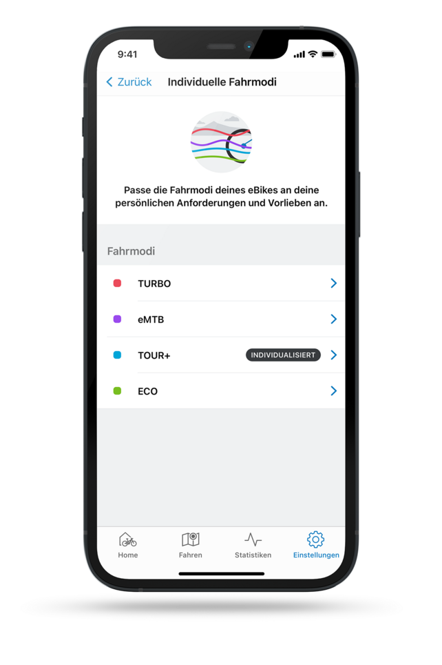 Freigestellter Screenshot der eBike Flow App mit geöffneter Modi Auswahl. 