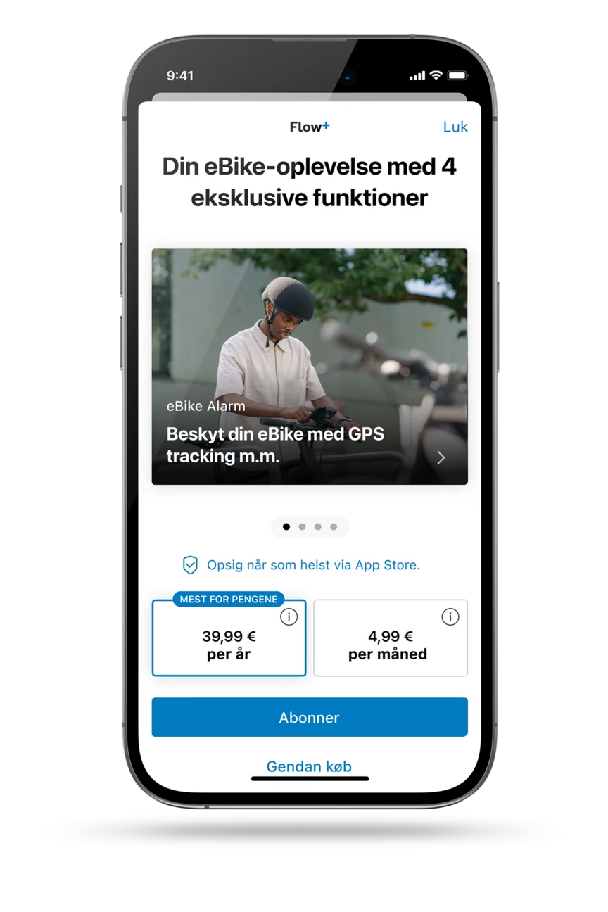 Skærmbillede af den åbne eBike Flow-app, der viser abonnementsmuligheder; for Flow+: 39,99 € om året eller 4,99 € om måneden.