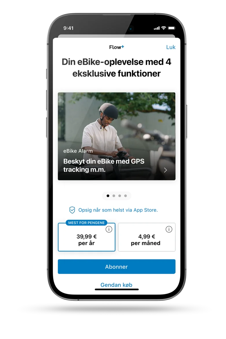 Skærmbillede af den åbne eBike Flow-app, der viser abonnementsmuligheder; for Flow+: 39,99 € om året eller 4,99 € om måneden.
