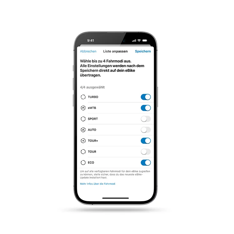 Freigestelltes Smartphone mit geöffneter eBike Flow App, in welcher die Modiauswahl angezeigt wird.