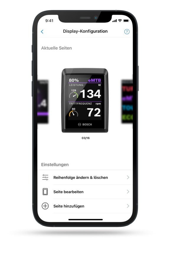 Screenshot des Smartphone-Displays, der die Display-Konfiguration in der eBike Flow App anzeigt, inklusive möglicher Einstellungen.