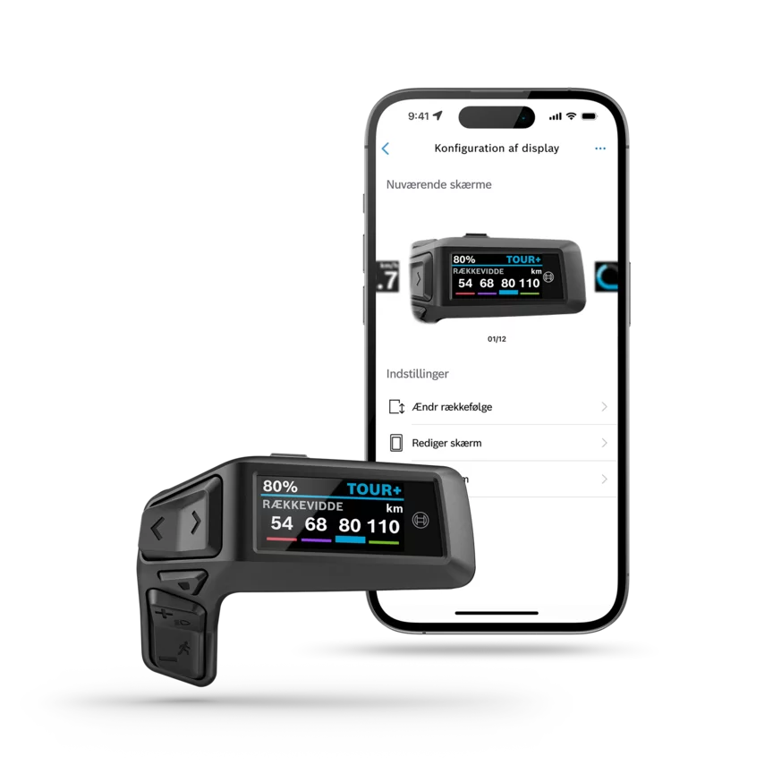 Purion 200-displayet er isoleret, med et baggrunds-screenshot af smartphone-displayet, som viser skærmkonfigurationen.