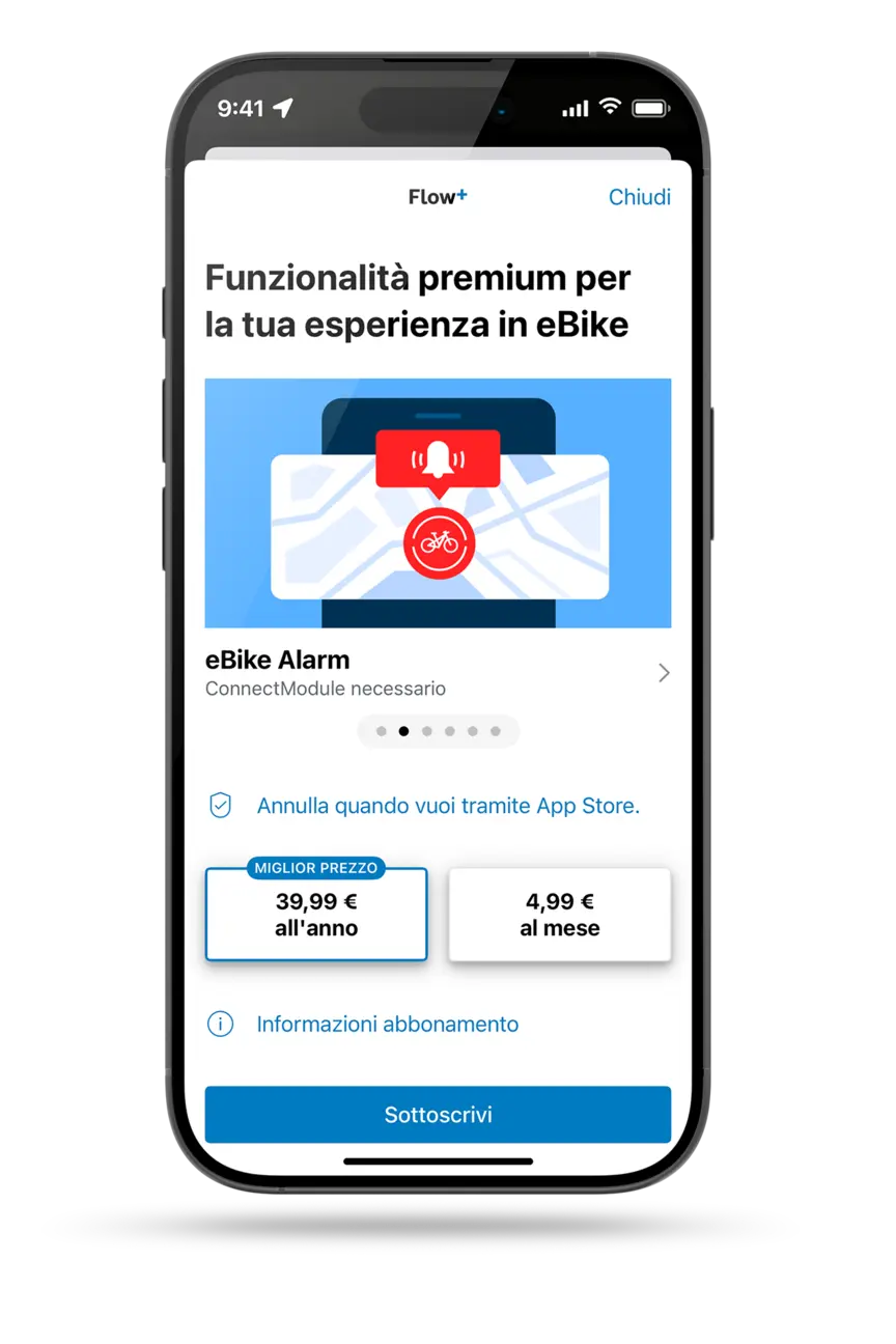 Smartphone tagliato che mostra le opzioni di abbonamento Flow+. Inoltre, è visibile la funzione premium eBike Alarm.