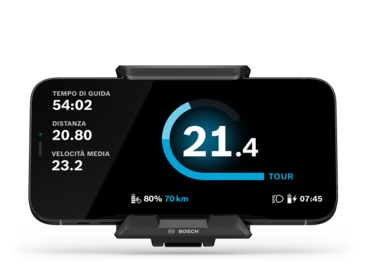 Rappresentazione separata del SmartphoneGrip con Smartphone nel Tour Modus su sfondo grigio chiaro.