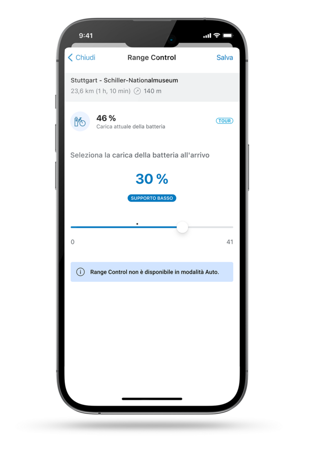 Scatto del display telefonico che mostra la Range Control nella app eBike Flow.