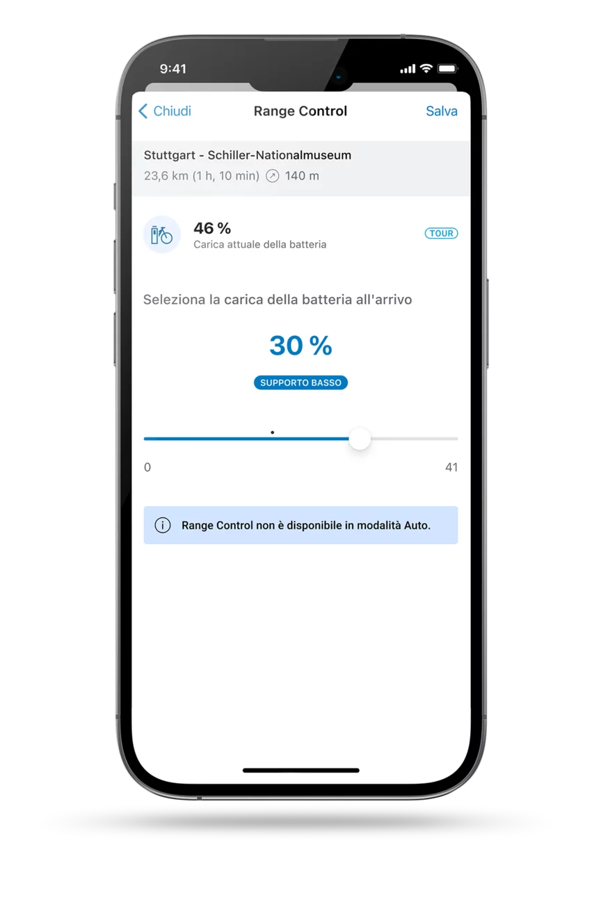 Scatto del display telefonico che mostra la Range Control nella app eBike Flow.