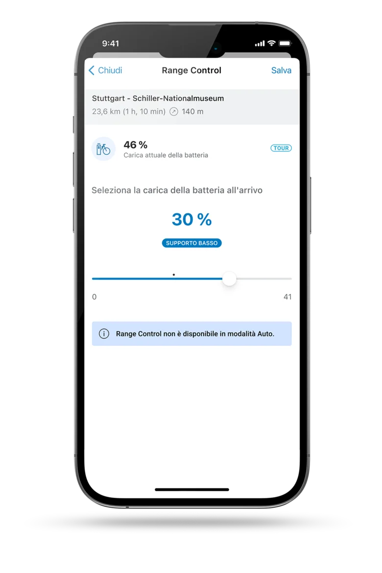 Scatto del display telefonico che mostra la Range Control nella app eBike Flow.
