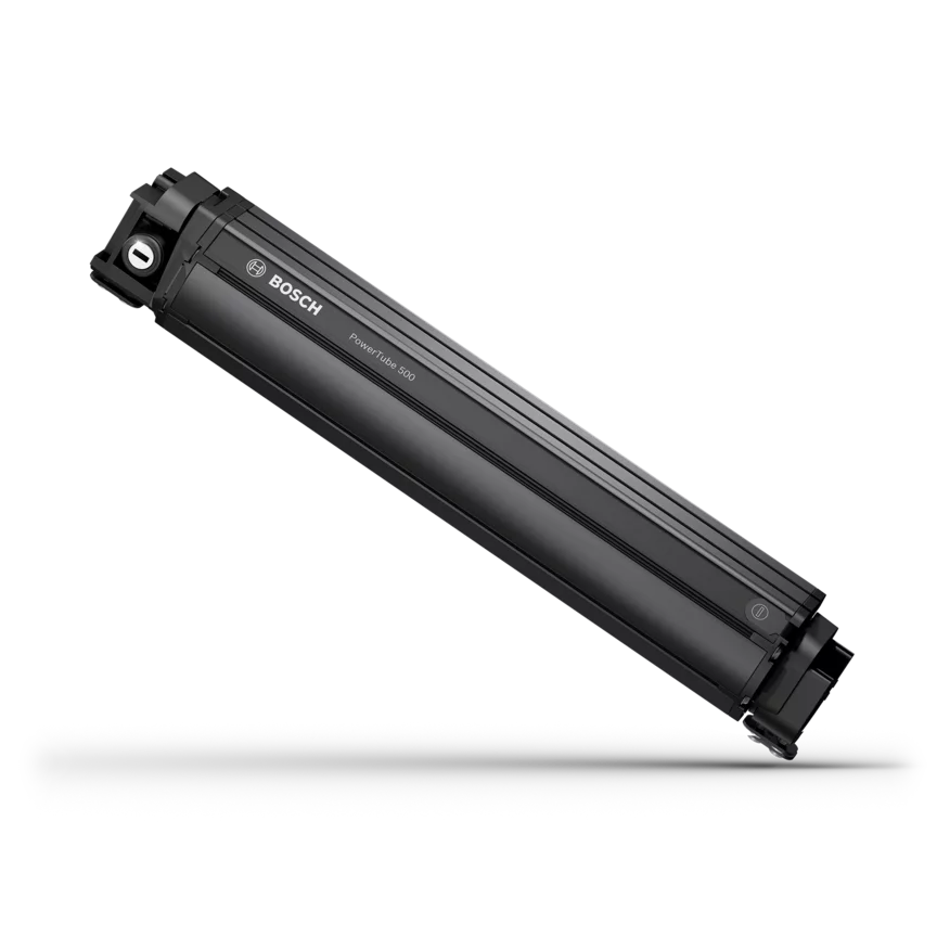 Bosch eBike battery PowerTube 500 isolated on white background.