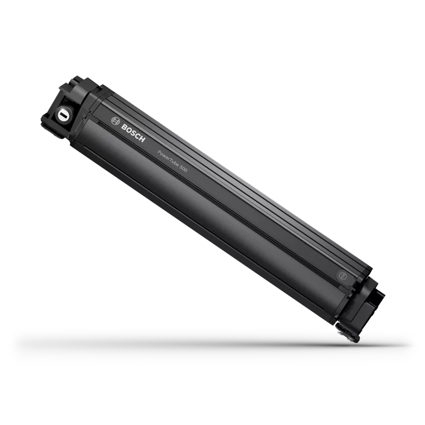Bosch eBike Akku PowerTube 500 freigestellt auf weißem Hintergrund.