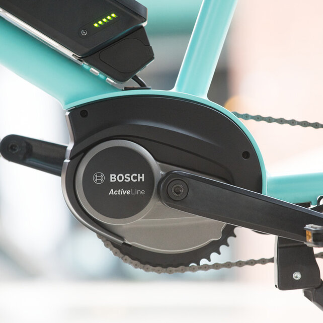 Primo piano dell'Active Line su un eBike turchese.