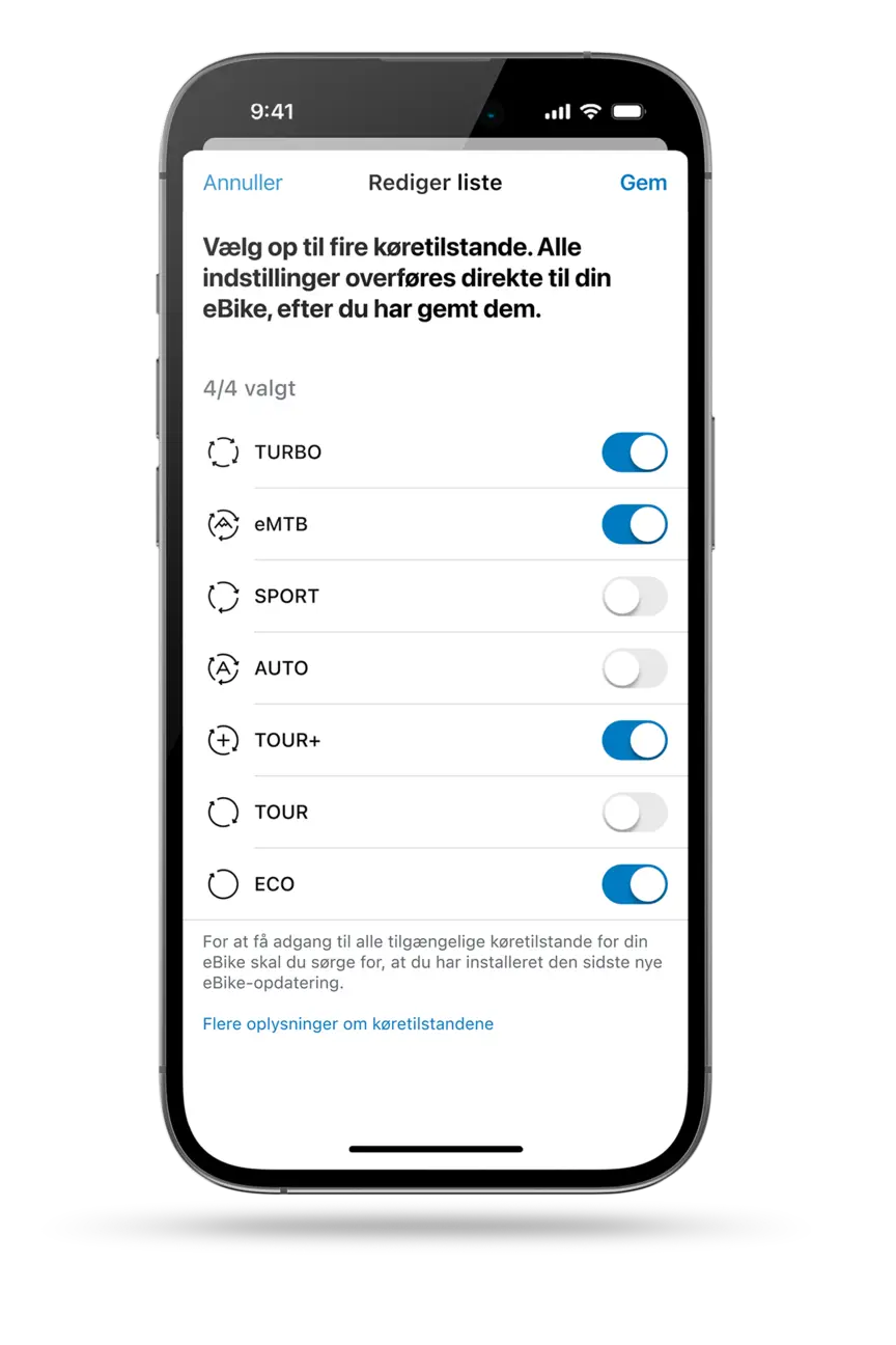 Fremskudt visning af en smartphone, der viser valg af tilstand i eBike Flow-appen.