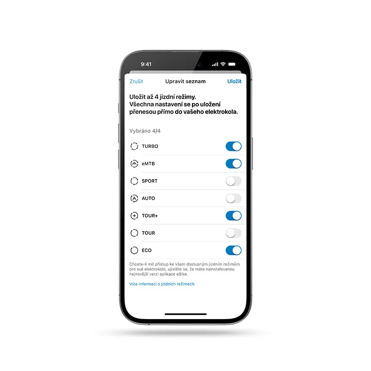 Zobrazený smartphone s otevřenou aplikací eBike Flow, kde je vidět výběr režimu.