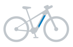 Icona di un eBike grigio con batteria integrata blu nel telaio.