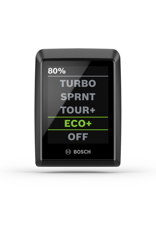 A Kiox 300 that shows the following modes: Turbo, Sprint, Tour+, Eco+ and Off. Eco+ mode is highlighted in green.