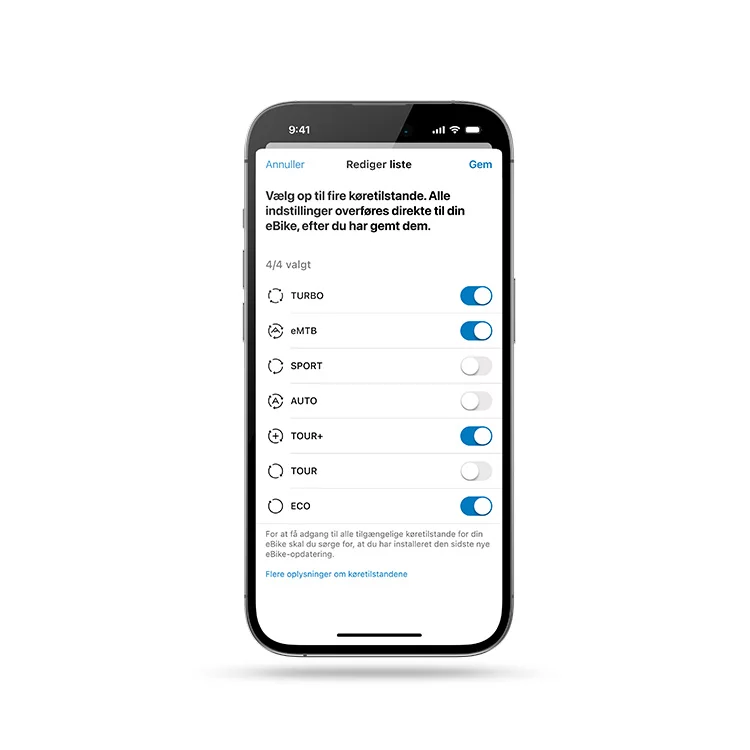 Frilagt smartphone med åben eBike Flow-app, hvor modvalget vises.