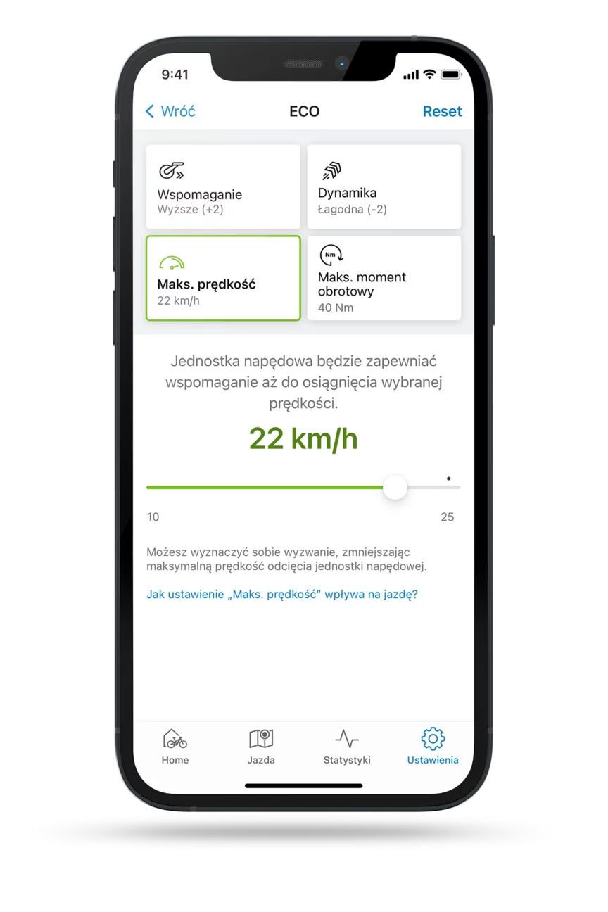 Wyróżniony screenshot eBike Flow App z otwartym ustawieniem ograniczenia maksymalnej prędkości w trybie ECO