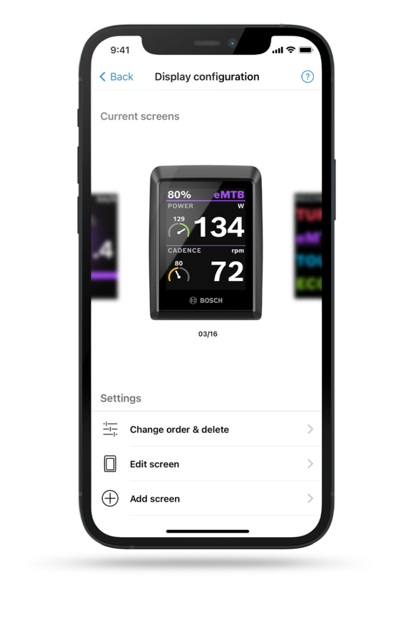 Screenshot of the smartphone display showing the display configuration in the eBike Flow app, including possible settings.