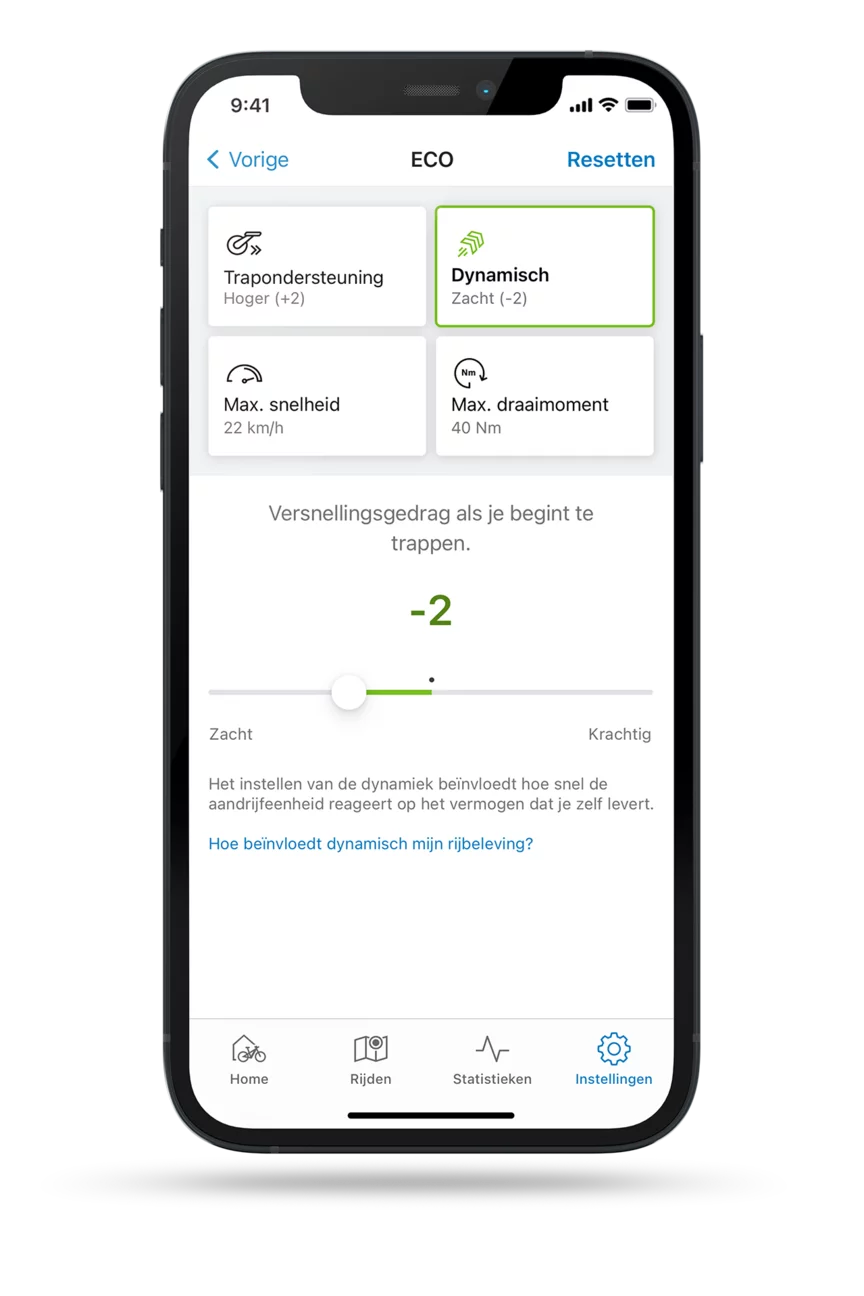 Vrijstaande scherm van de eBike Flow-app met het instellingenmenu voor de rijdynamiek geopend in de ECO-modus.