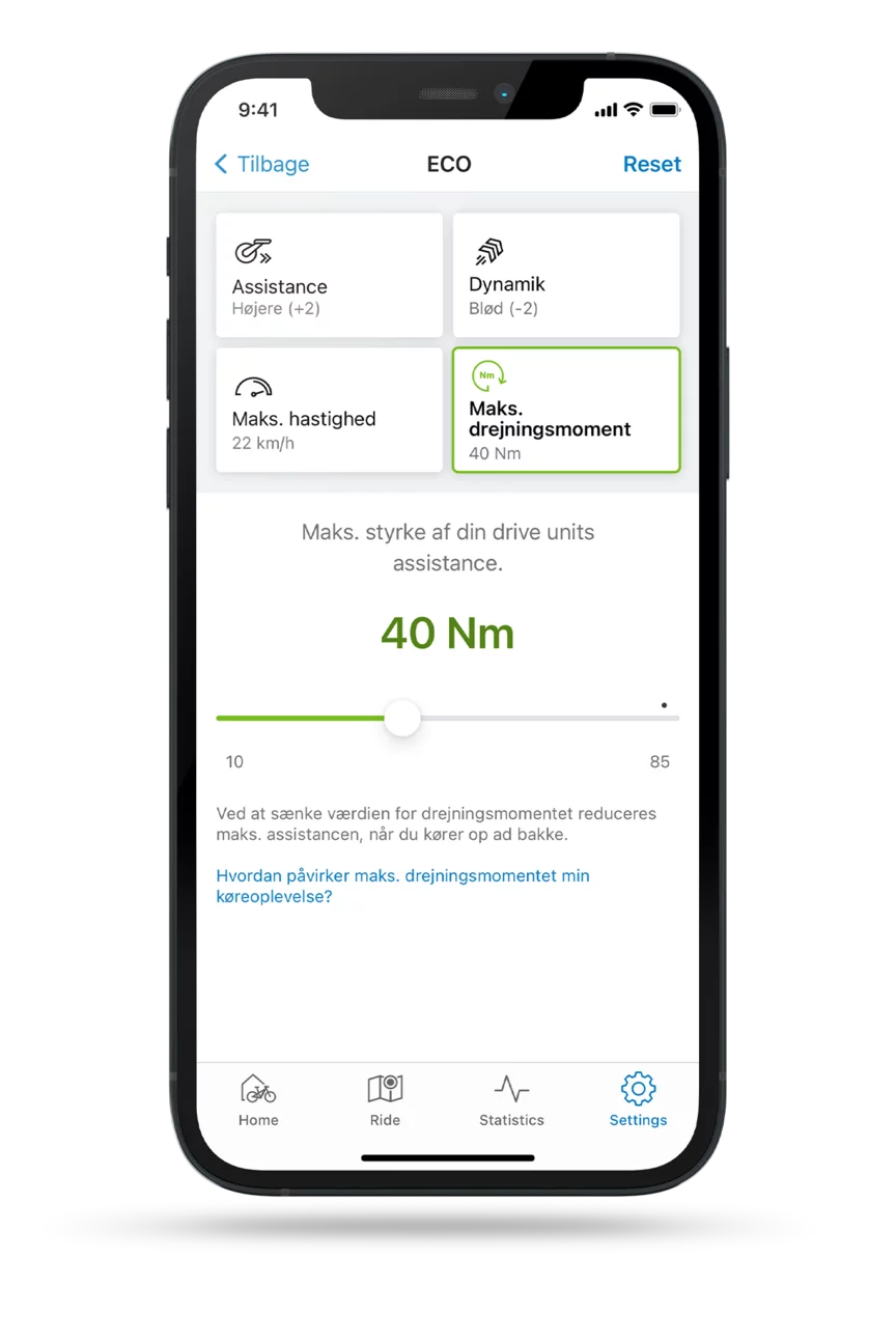 Beskåret skærmbillede af eBike Flow-app med den åbne indstilling til begrænsning af det maksimale drejningsmoment i ECO-tilstand